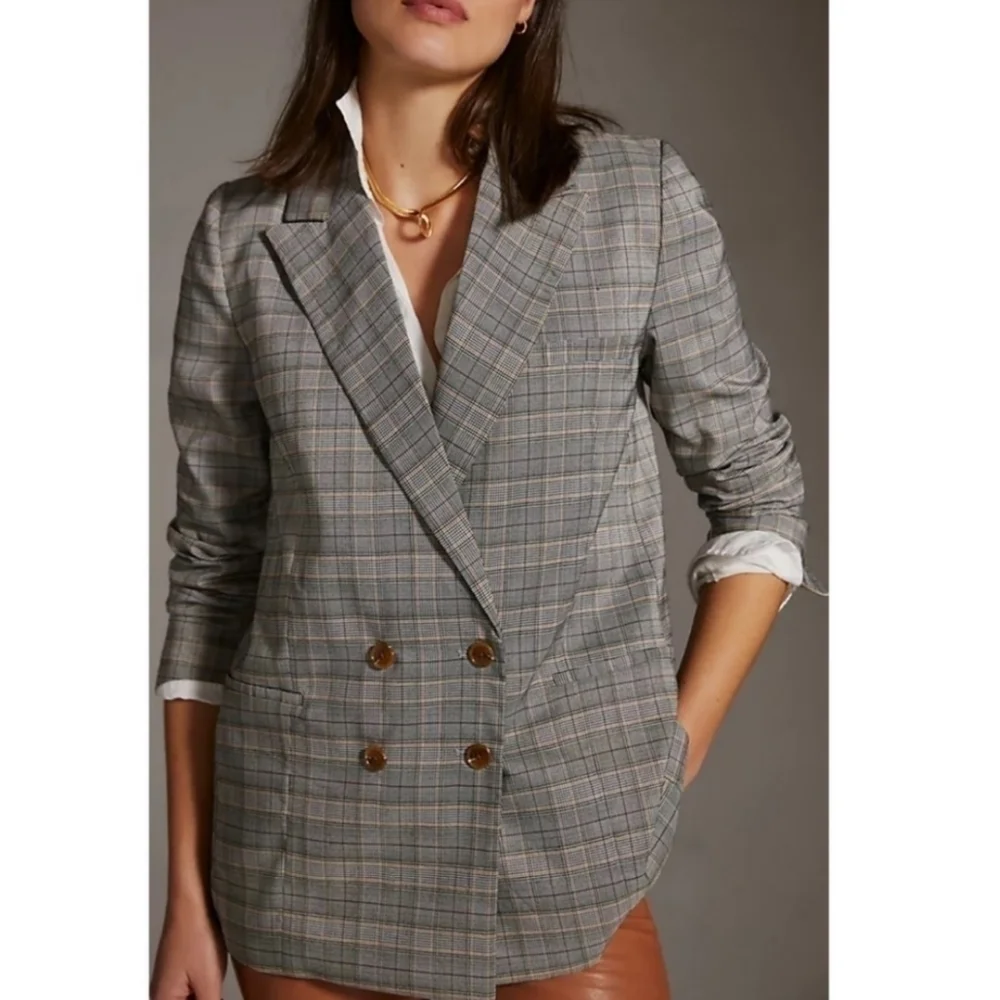 New Anthropologie Hutch Classic Longline Double Breasted Plaid Maize Blazer Sz M